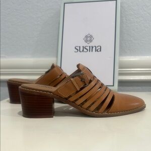 Susina Tan Leather Mules with Strappy Design